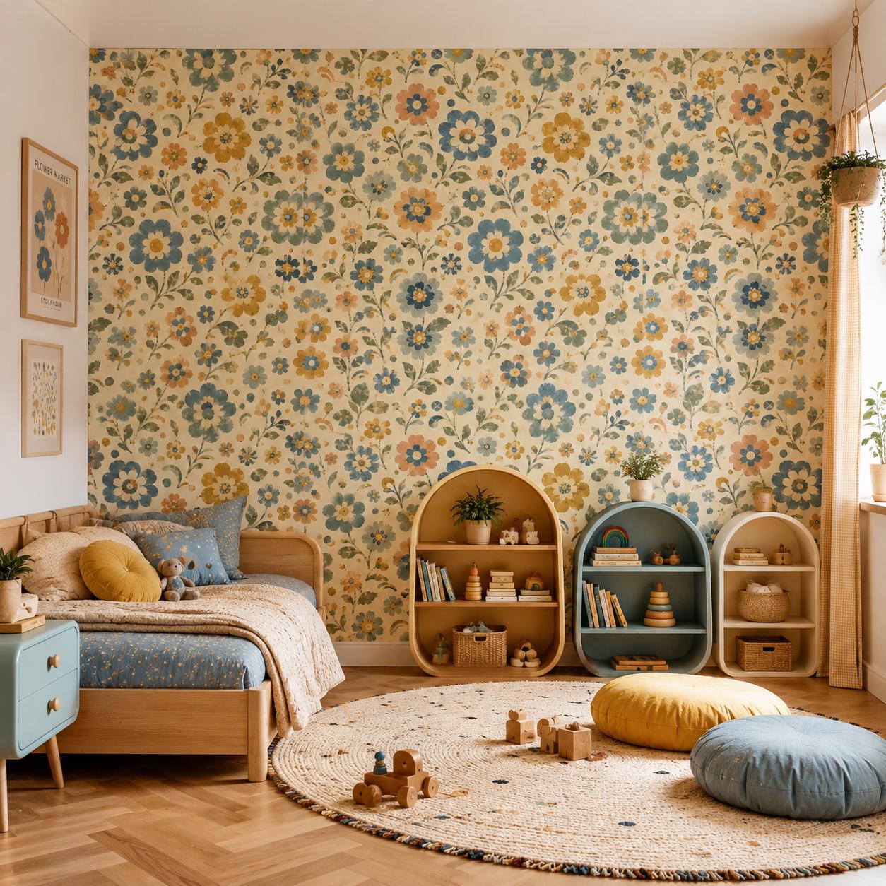 Retro Blue Floral Wallpaper: Groovy Vintage Wall Mural