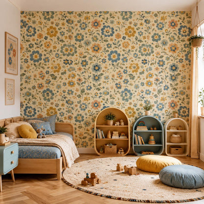 Retro Blue Floral Wallpaper: Groovy Vintage Wall Mural