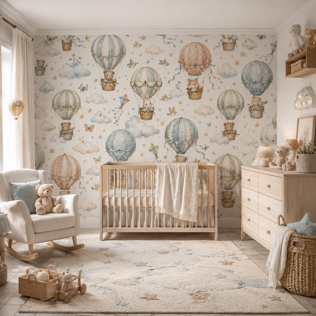 Vintage Balloon Animal Wallpaper: White Nursery Wall Mural