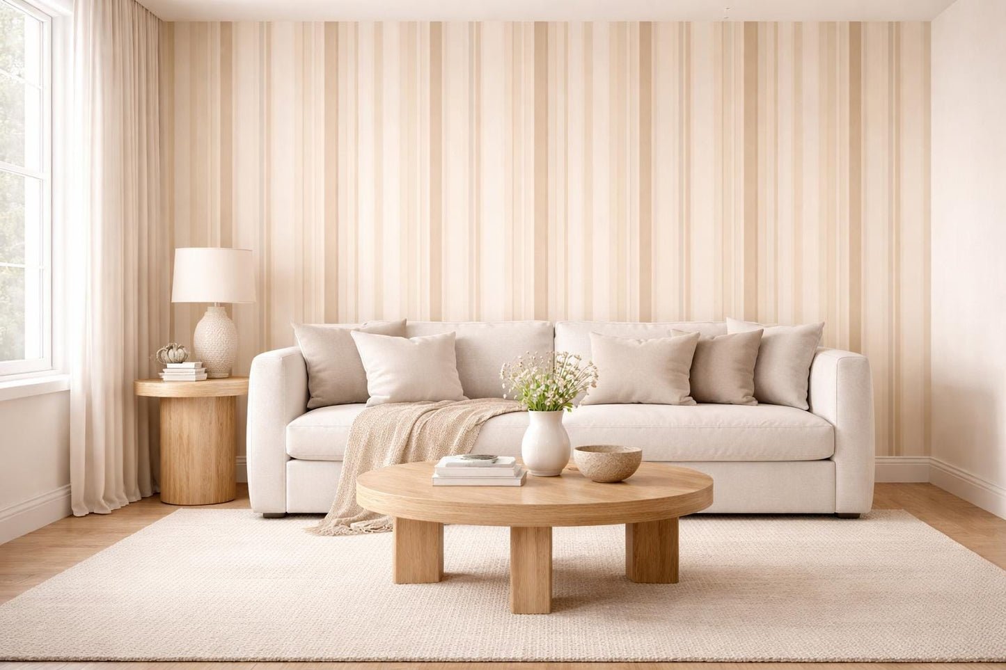 Beige Neutral Striped Wallpaper Peel and Stick Vertical Stripe Mural Minimal Modern Wall Decor