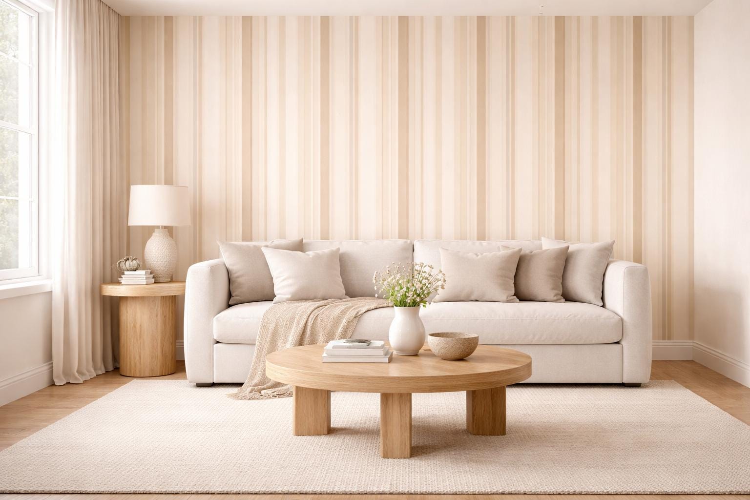 Beige Neutral Striped Wallpaper Peel and Stick Vertical Stripe Mural Minimal Modern Wall Decor