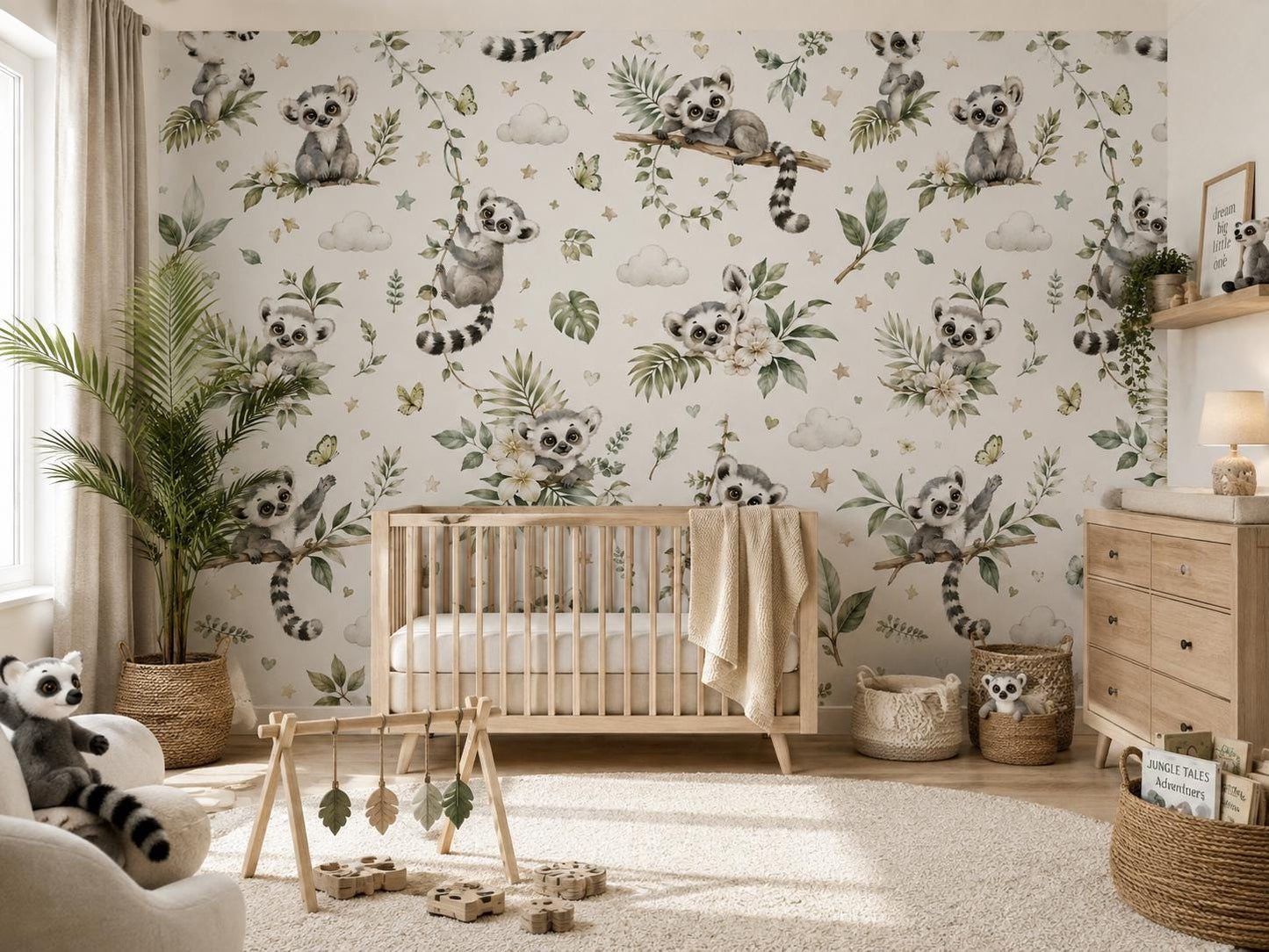 Lemur Jungle Wallpaper: Tropical Animal Nursery Wall Mural