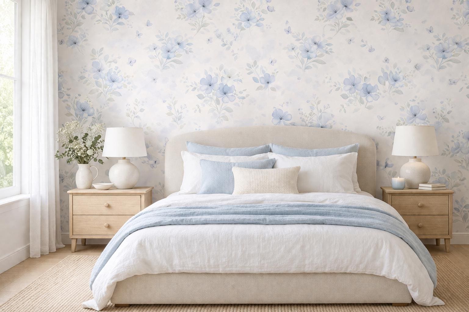 Soft Blue Floral Wallpaper: Pastel Botanical Peel and Stick Wall Mural