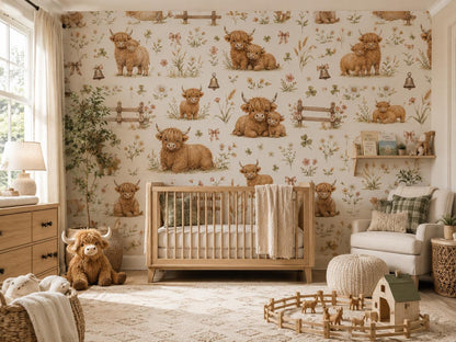 Highland Cow Wallpaper: Farmhouse Nursery Mural