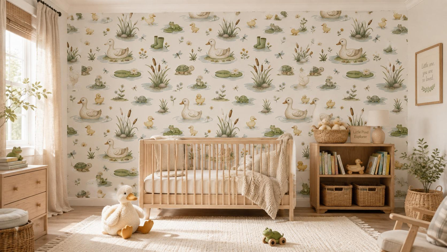 Duck Pond Wallpaper: Baby Ducks Nursery Mural