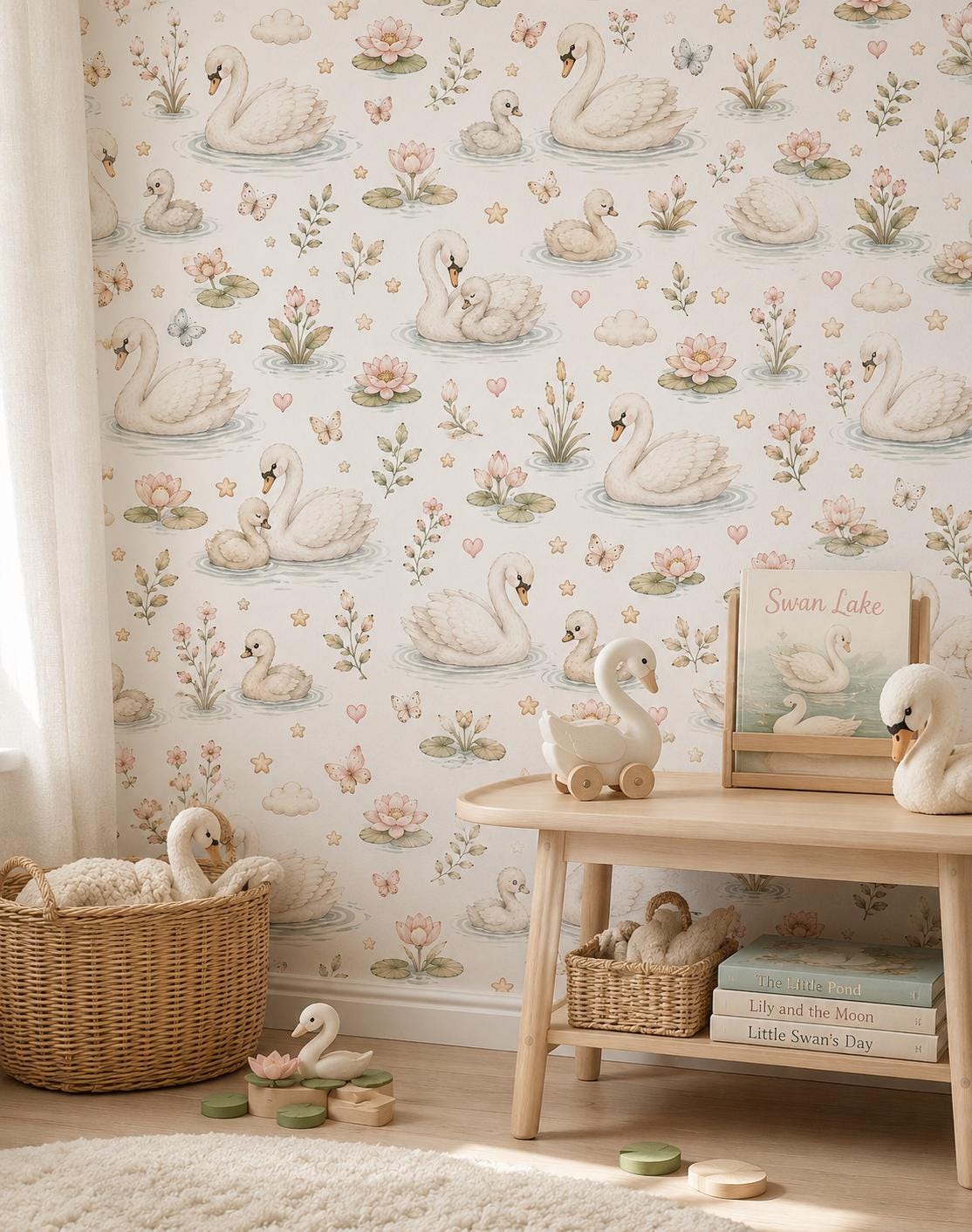 Swan Lake Wallpaper: Soft Floral Nursery Wall Mural