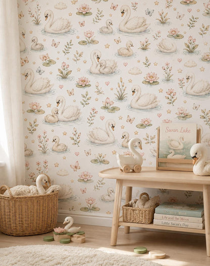 Swan Lake Wallpaper: Soft Floral Nursery Wall Mural