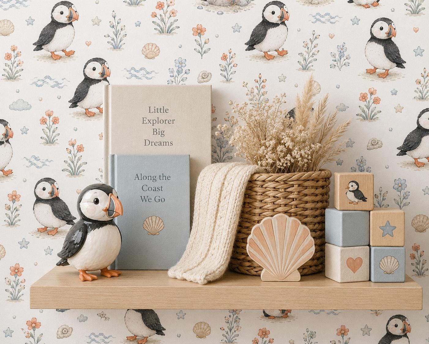 Puffin Coastal Wallpaper: Seaside Bird Nursery Mural