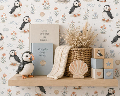 Puffin Coastal Wallpaper: Seaside Bird Nursery Mural