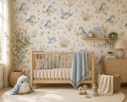 Bluebird Meadow Wallpaper: Floral Bird Nursery Mural