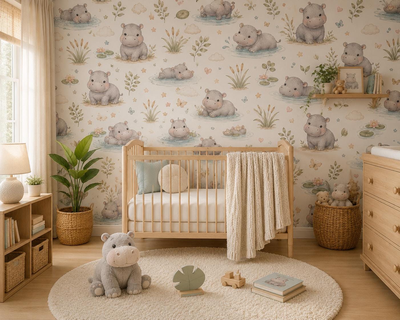 Custom Hippo River Nursery Wallpaper: Peel and Stick Mural (Custom Size)