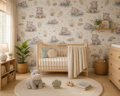 Custom Hippo River Nursery Wallpaper: Peel and Stick Mural (Custom Size)