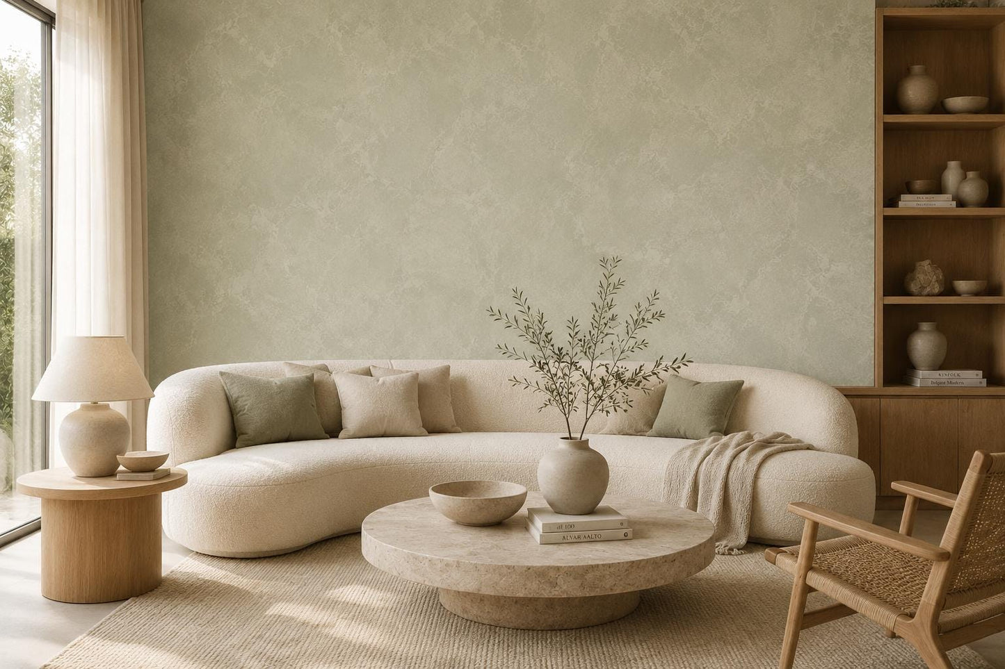 Pale Sage Limewash Wallpaper: Soft Green Textured Wall Mural