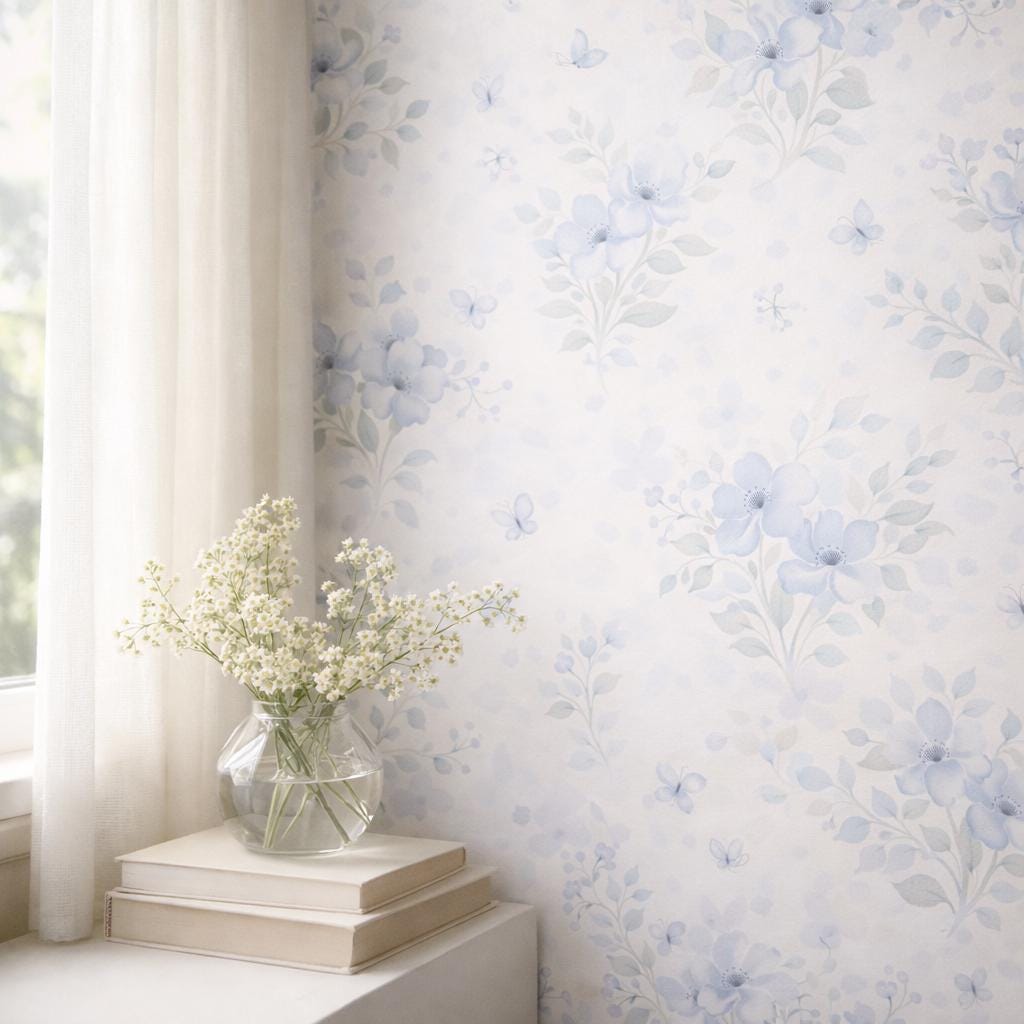 Soft Blue Floral Wallpaper: Pastel Botanical Peel and Stick Wall Mural