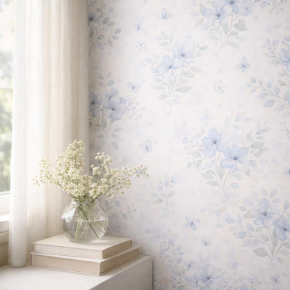 Soft Blue Floral Wallpaper: Pastel Botanical Peel and Stick Wall Mural