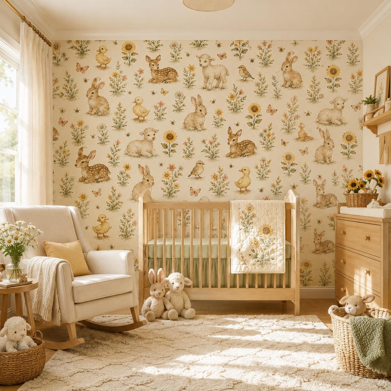 Sunny Meadow Animal Wallpaper: Cheerful Nursery Wall Mural