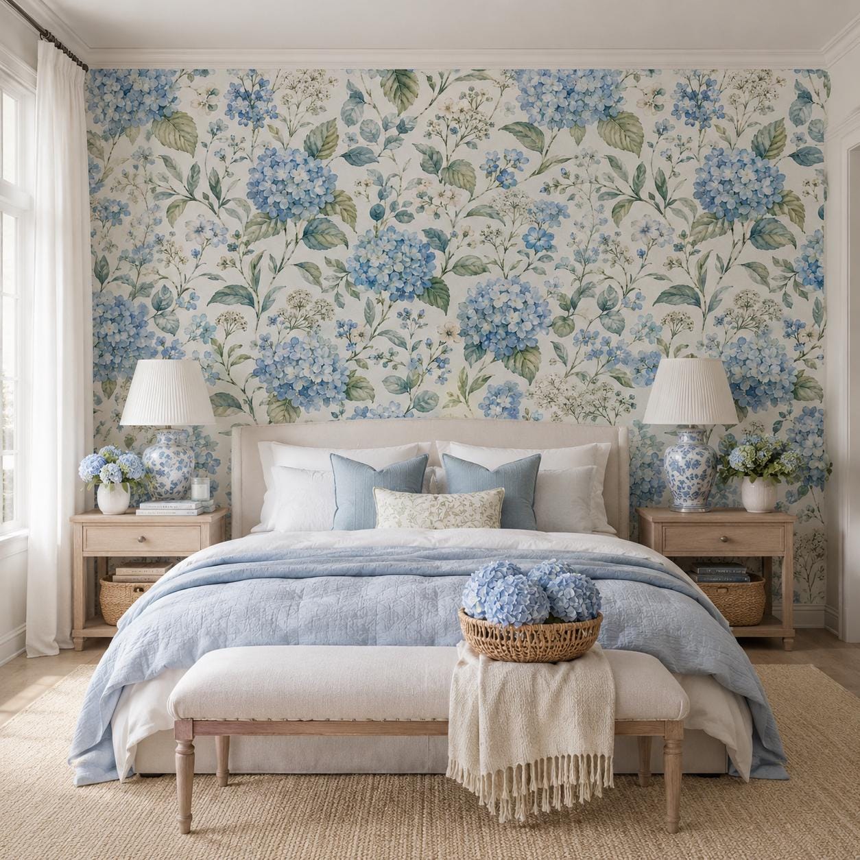Blue Hydrangea Wallpaper: White Floral Wall Mural