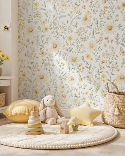 Yellow Daisy Wallpaper: White Cottage Floral Wall Mural