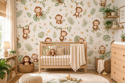 Monkey Jungle Wallpaper: Tropical Animal Nursery Wall Mural