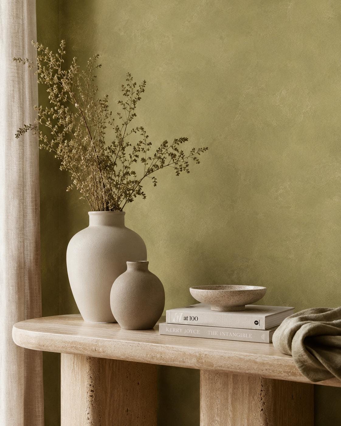 Soft Olive Plaster Wallpaper: Green Textured Wall Mural
