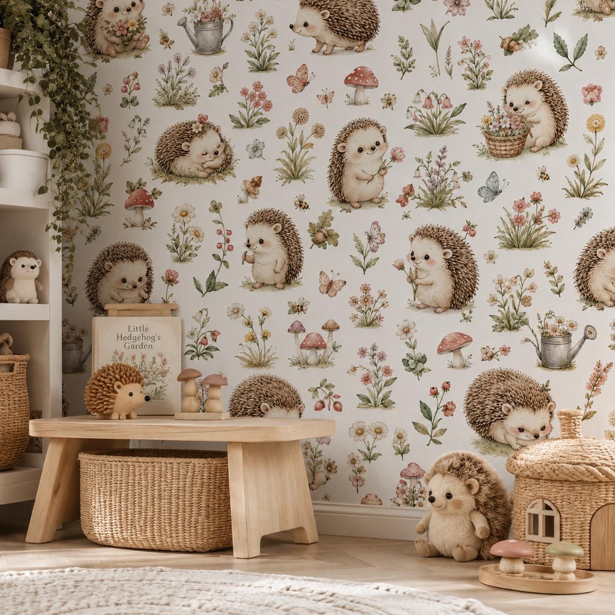 Hedgehog Garden Wallpaper: Sweet Nursery Wall Mural
