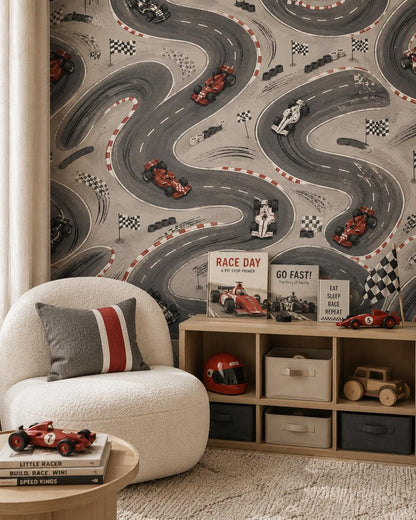 Kids Race Car Wallpaper: Racing Track Wall Mural for Boys Room