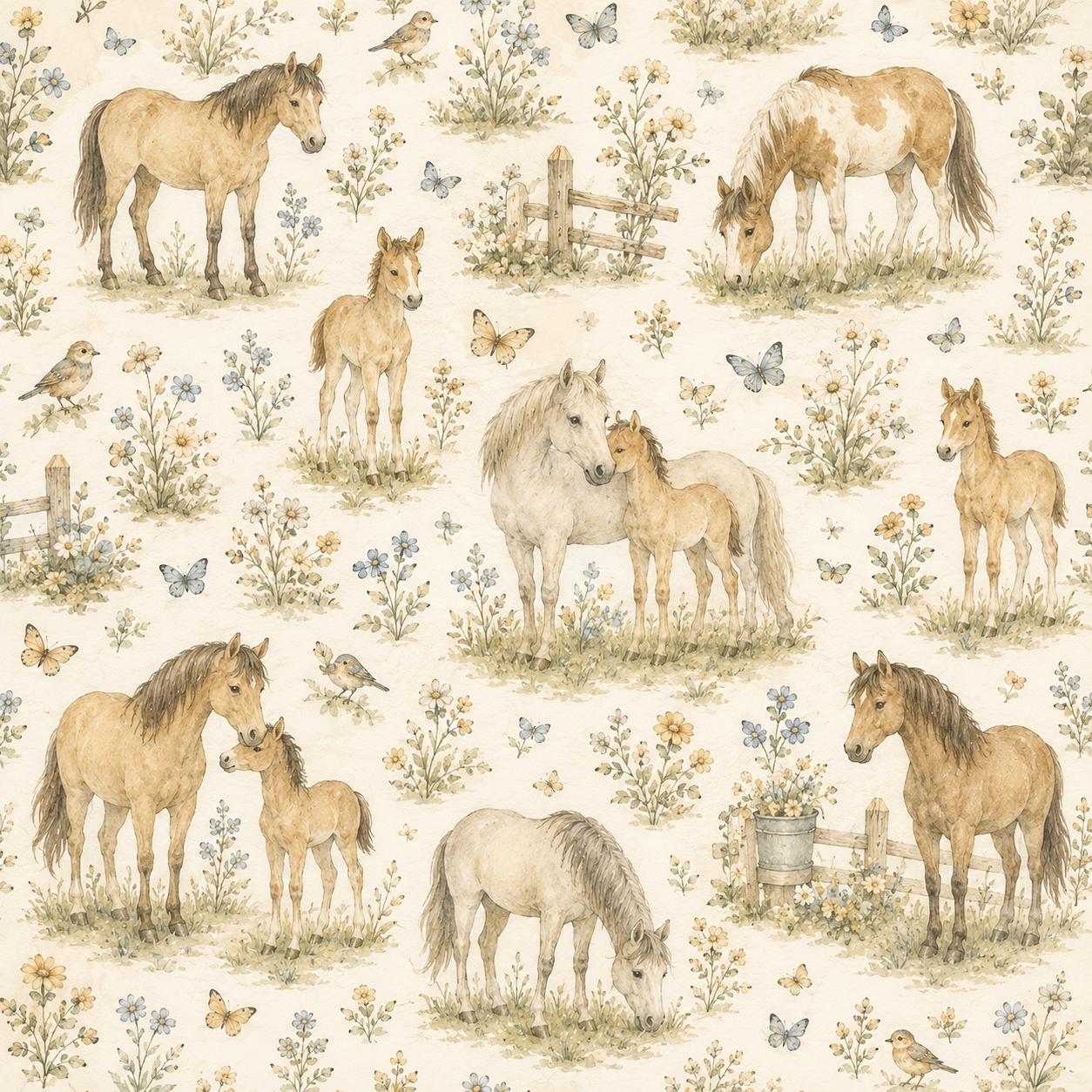 Vintage Horse Meadow Wallpaper: Countryside Nursery Wall Mural