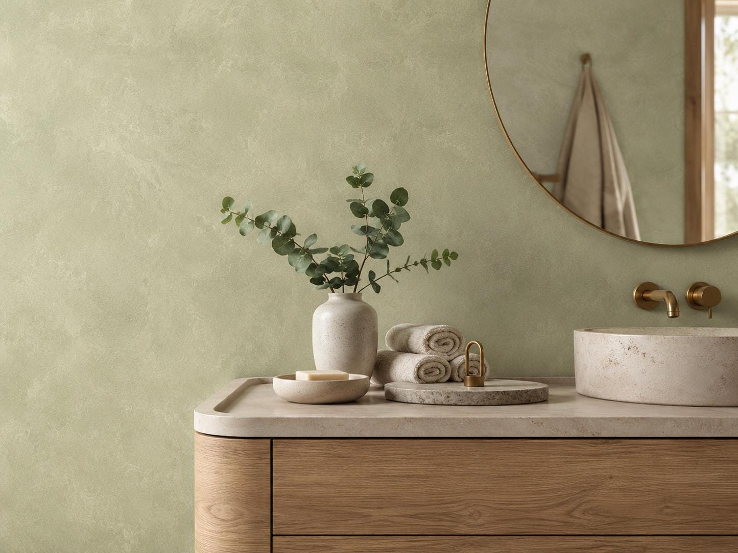 Sage Limewash Wallpaper: Soft Green Plaster Wall Mural