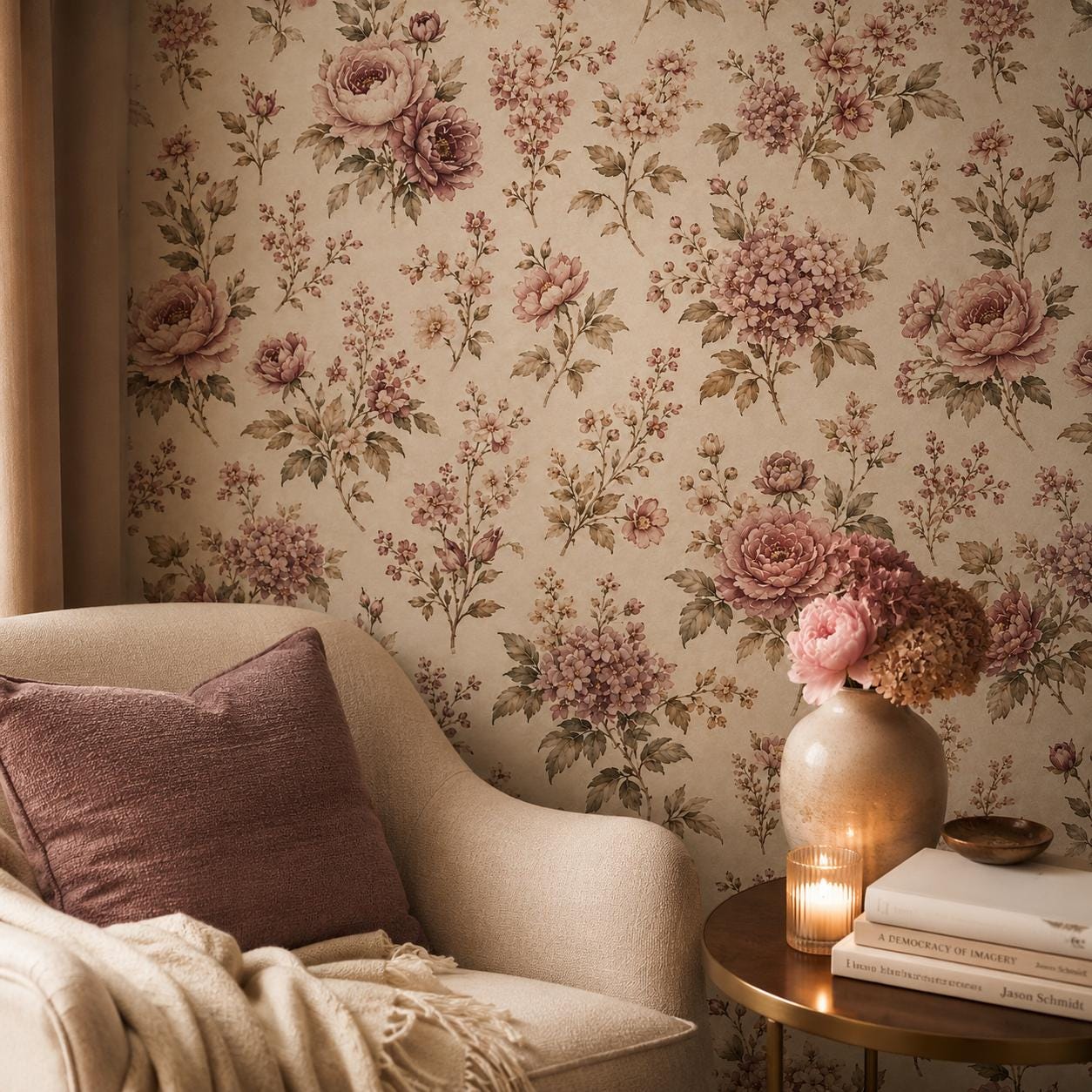 Mauve Beige Floral Wallpaper: Romantic Botanical Wall Mural