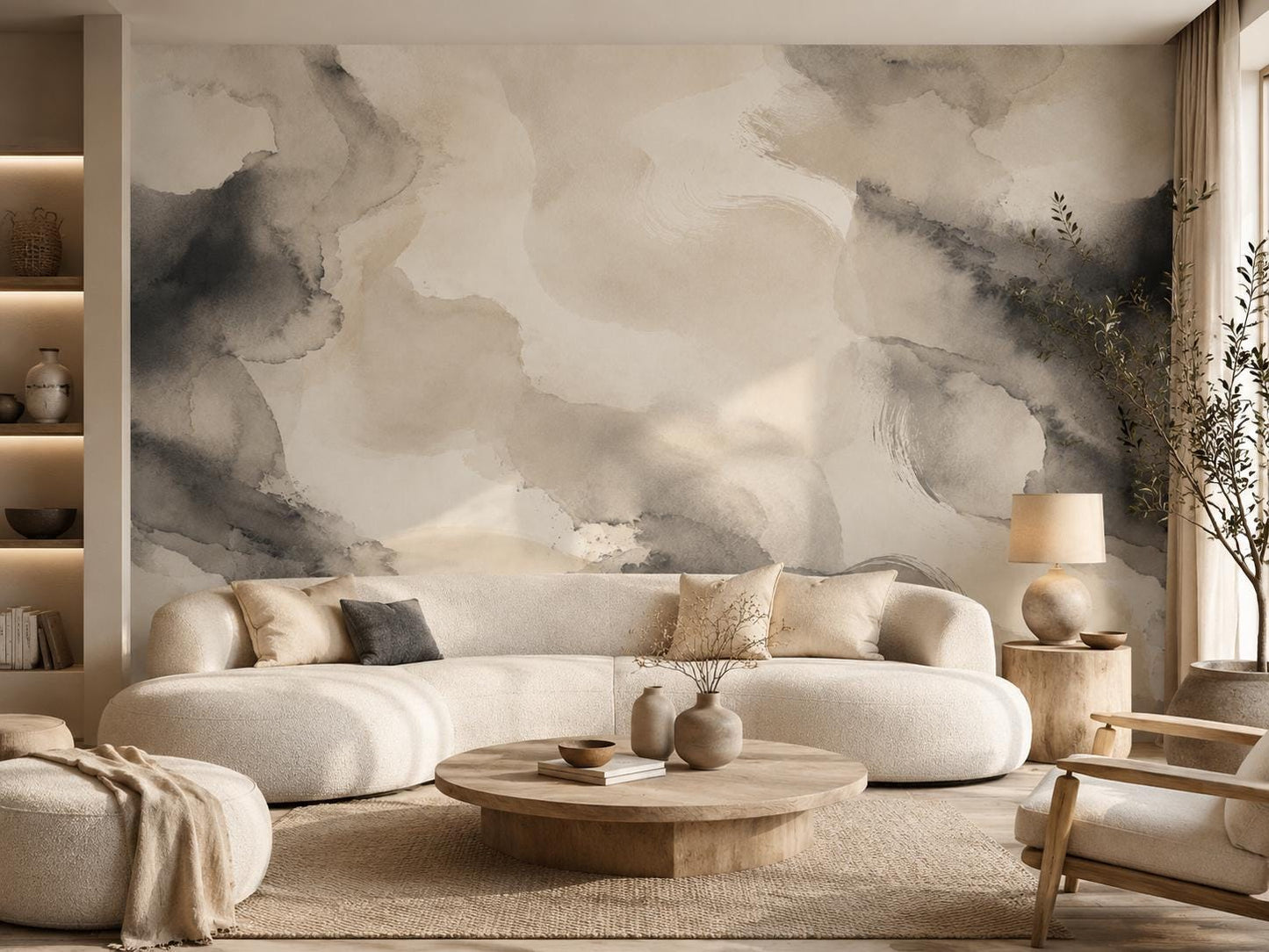 Ivory Ink Wash Wallpaper: Soft Black Abstract Wall Mural