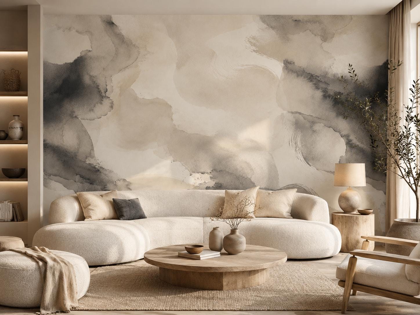 Ivory Ink Wash Wallpaper: Soft Black Abstract Wall Mural