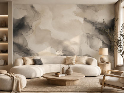 Ivory Ink Wash Wallpaper: Soft Black Abstract Wall Mural