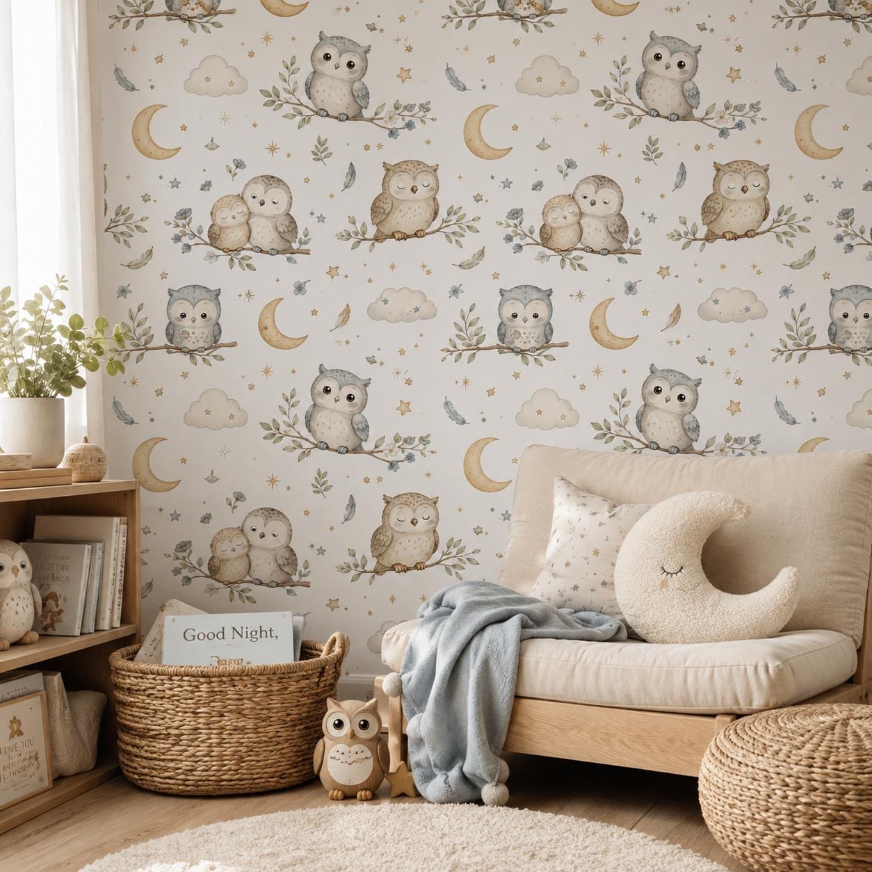 Owl Moon Wallpaper: Celestial Nursery Mural