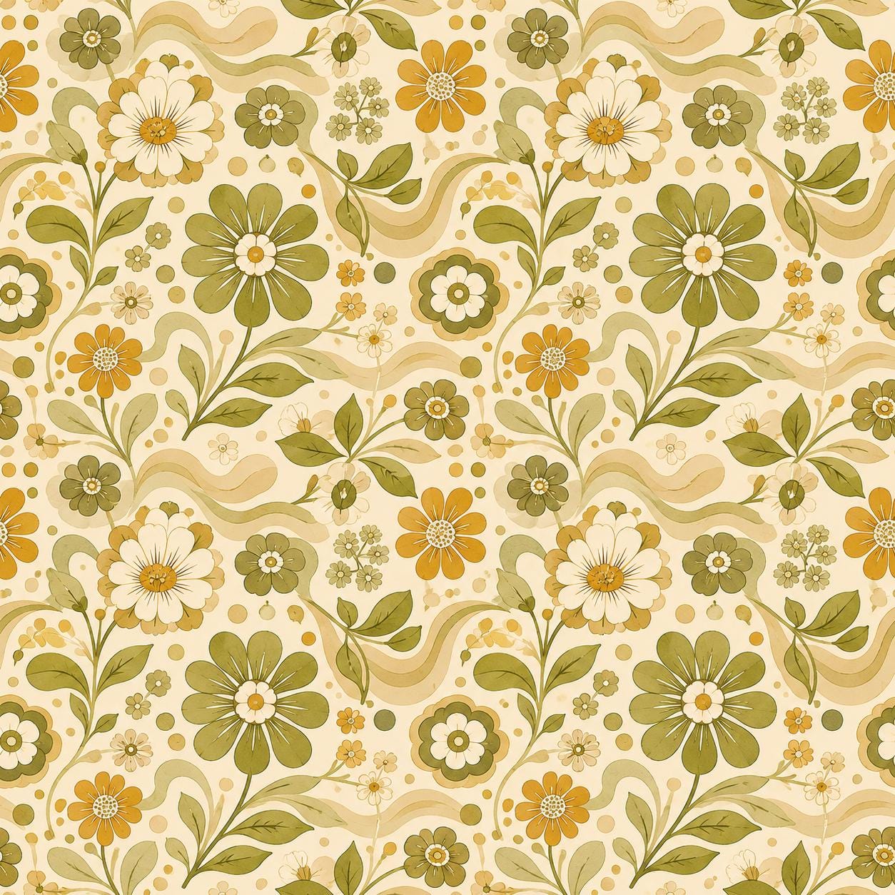 Retro Green Floral Wallpaper: Vintage Groovy Wall Mural