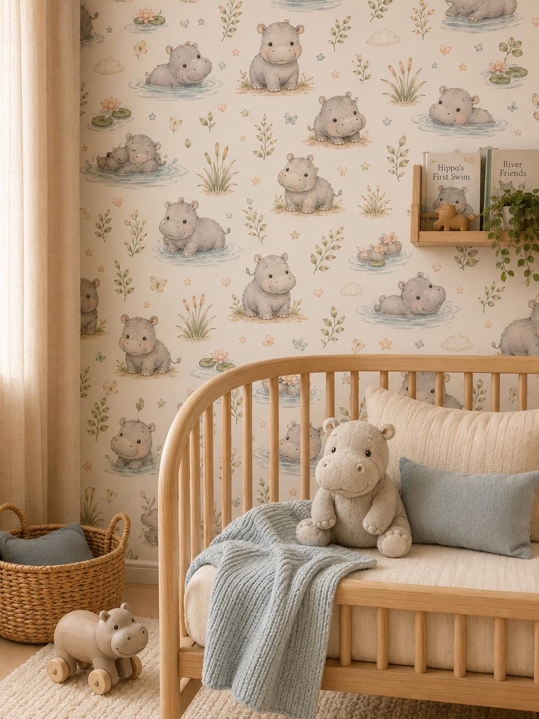 Custom Hippo River Nursery Wallpaper: Peel and Stick Mural (Custom Size)