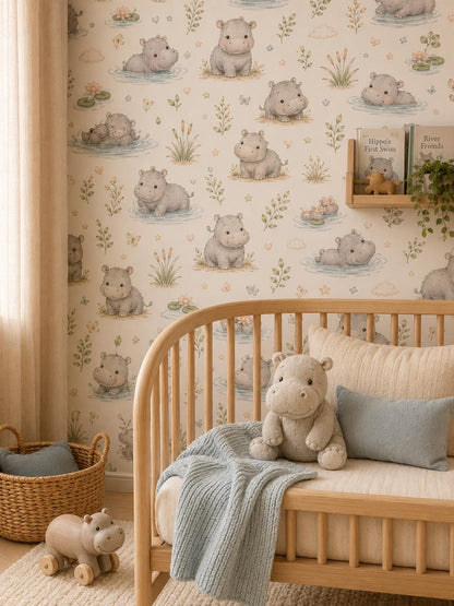 Custom Hippo River Nursery Wallpaper: Peel and Stick Mural (Custom Size)