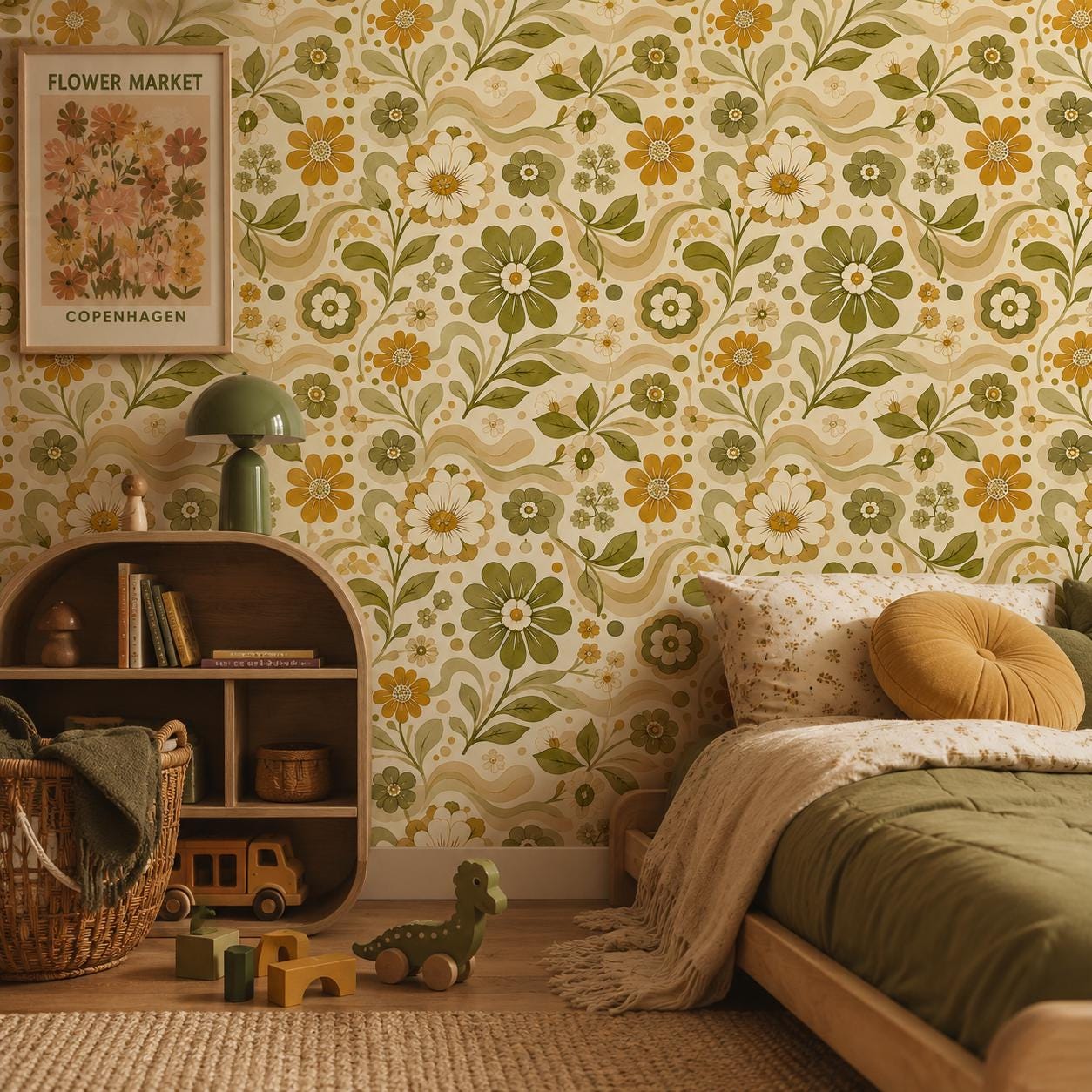 Retro Green Floral Wallpaper: Vintage Groovy Wall Mural