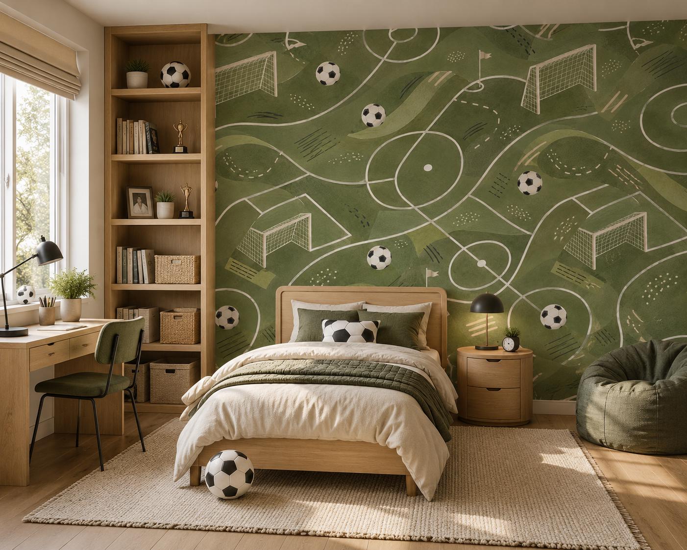 Kids Soccer Wallpaper: Green Field Wall Mural for Boys Room