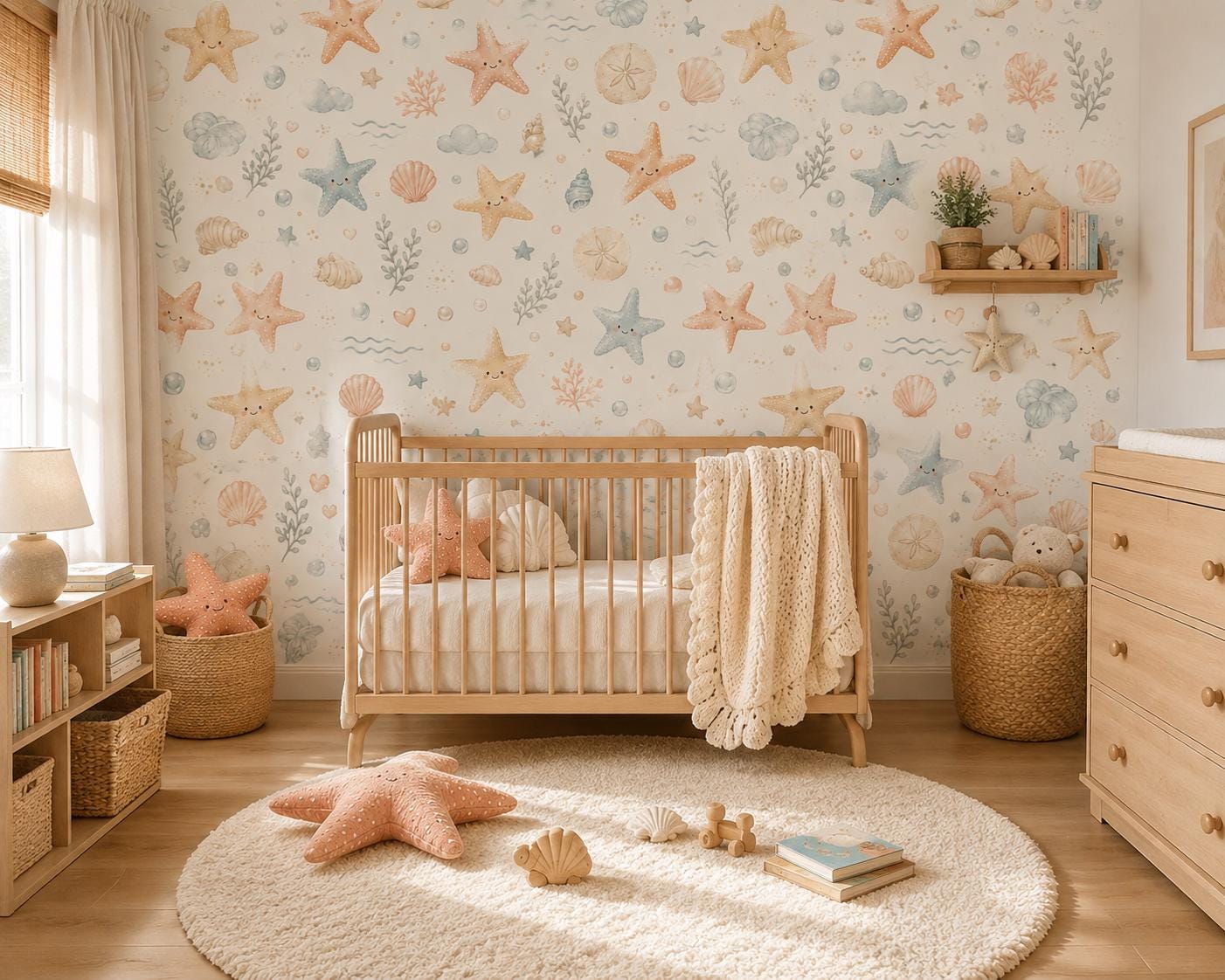Starfish Seashell Wallpaper: Coastal Ocean Nursery Peel and Stick Mural