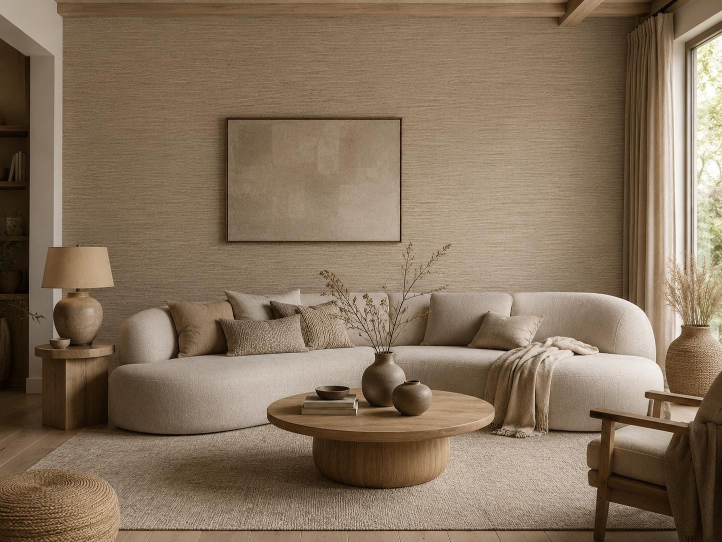 Taupe Grasscloth Wallpaper: Neutral Woven Wall Mural