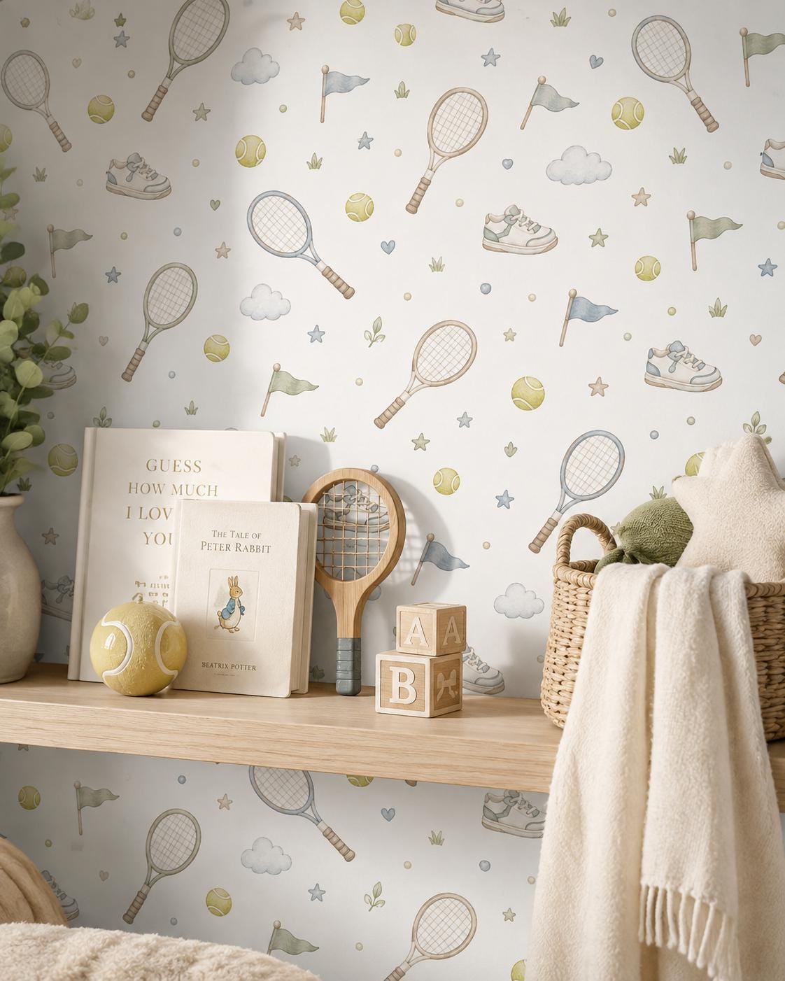 Tennis Racket Wallpaper: Court Sports Nursery Wall Mural