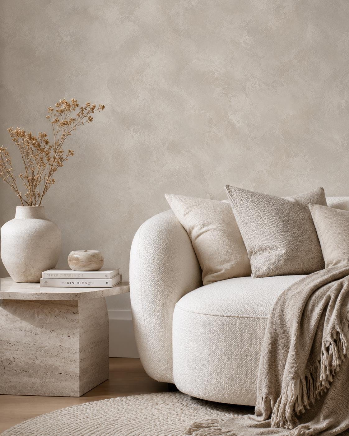 Light Greige Limewash Wallpaper: Neutral Plaster Wall Mural