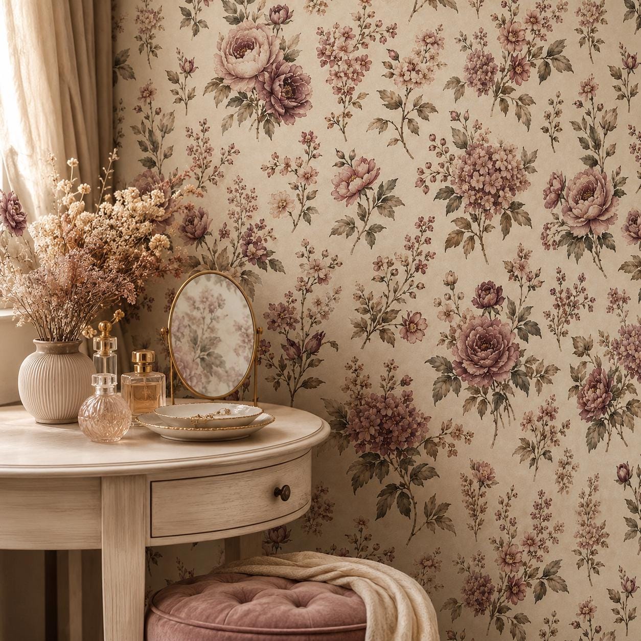 Mauve Beige Floral Wallpaper: Romantic Botanical Wall Mural