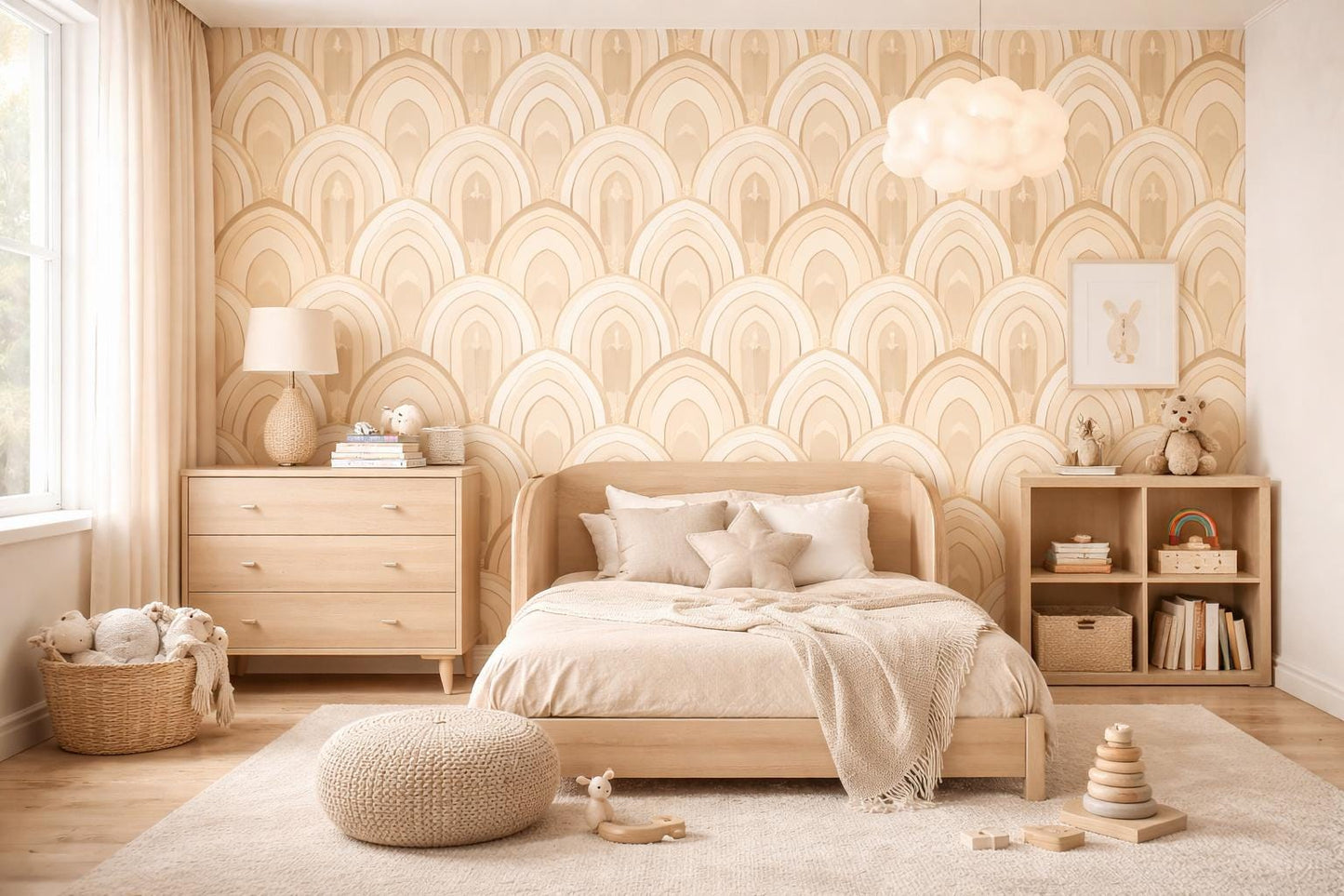 Beige Art Deco Arch Wallpaper: Geometric Arch Mural (Peel and Stick)