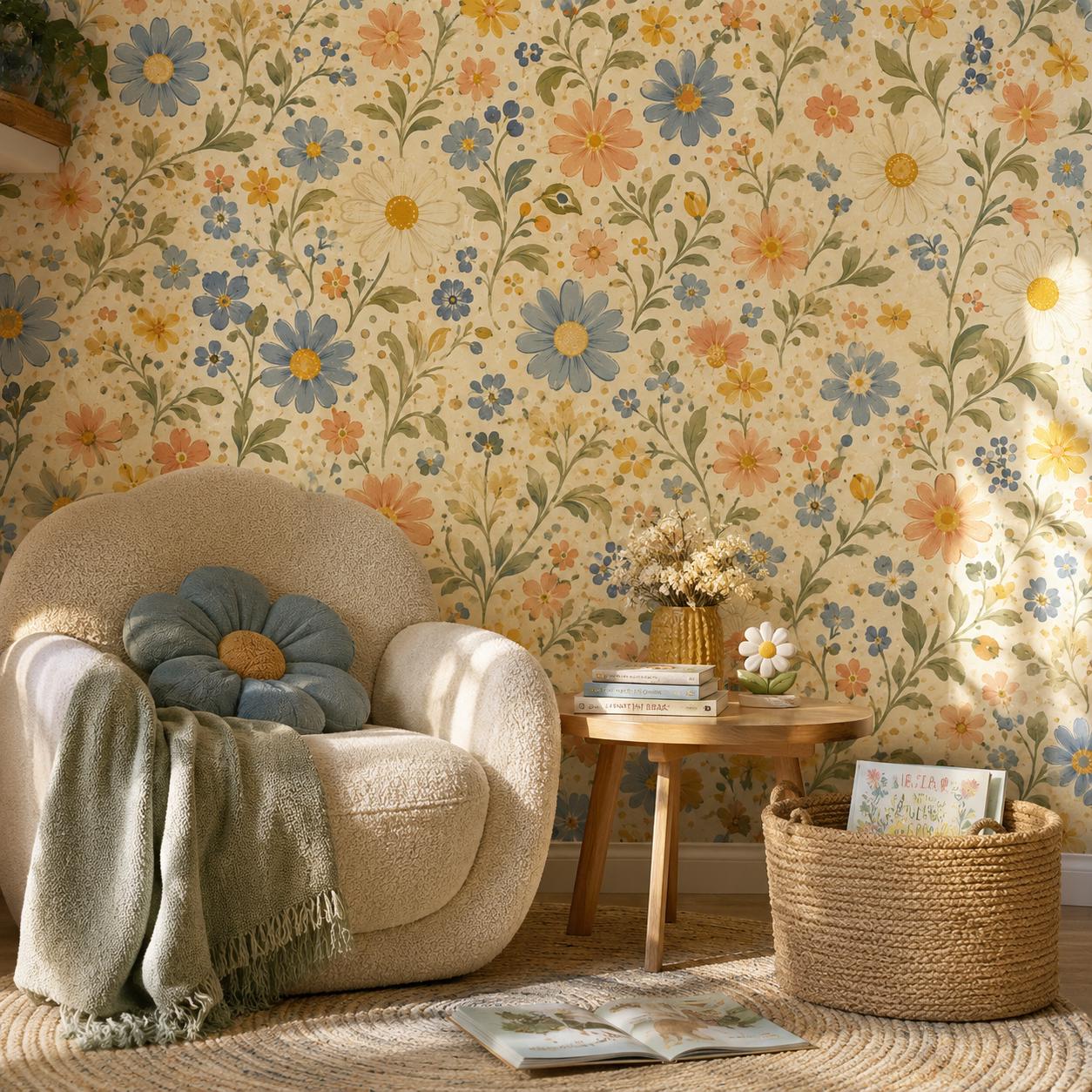 Retro Daisy Garden Wallpaper: Vintage Floral Wall Mural