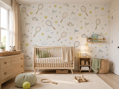 Tennis Racket Wallpaper: Court Sports Nursery Wall Mural