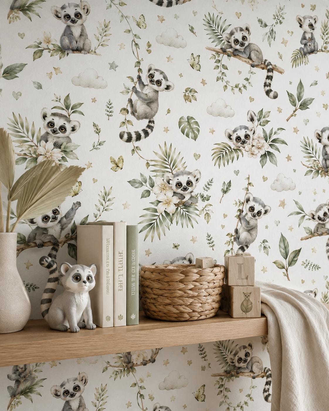 Lemur Jungle Wallpaper: Tropical Animal Nursery Wall Mural