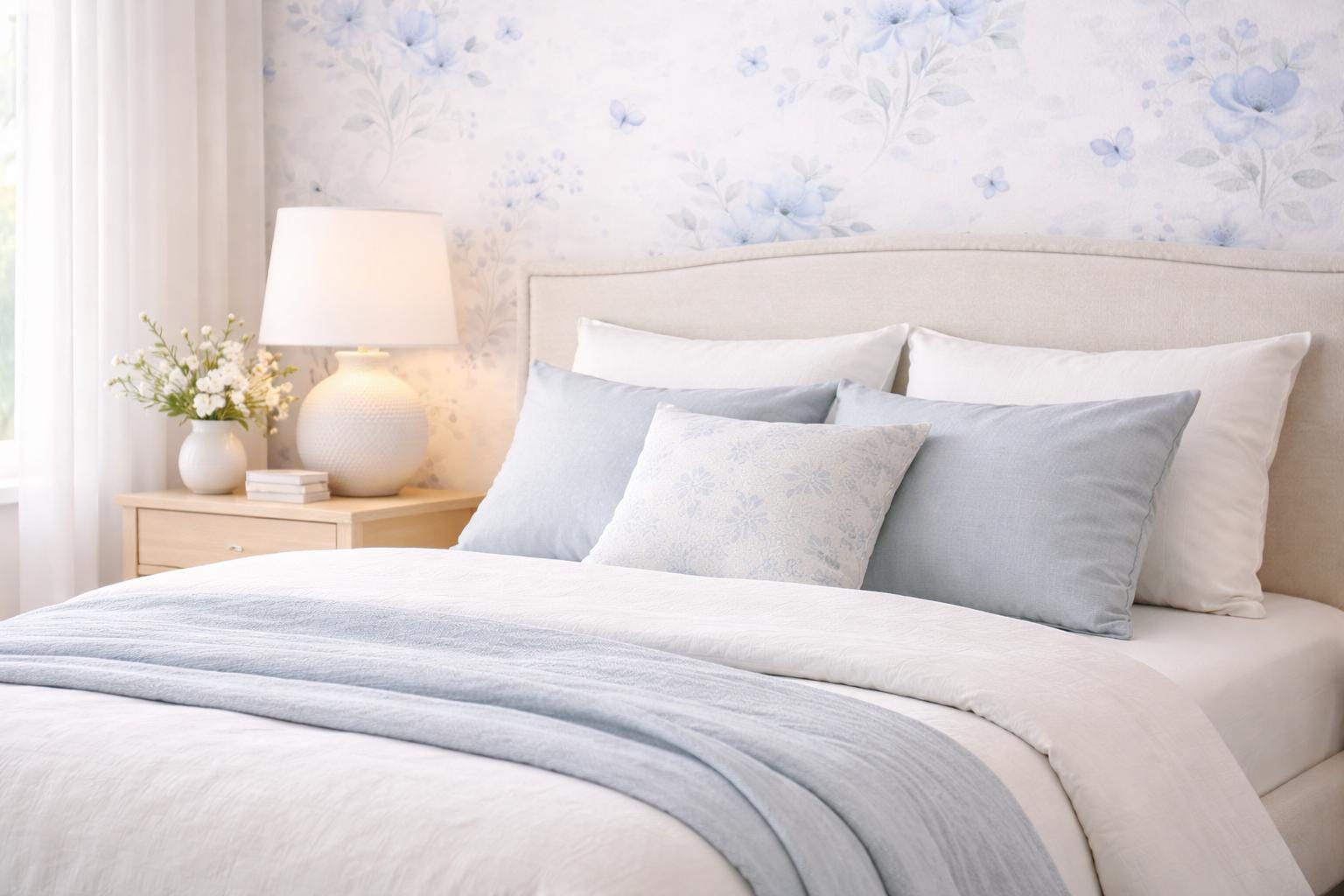 Soft Blue Floral Wallpaper: Pastel Botanical Peel and Stick Wall Mural