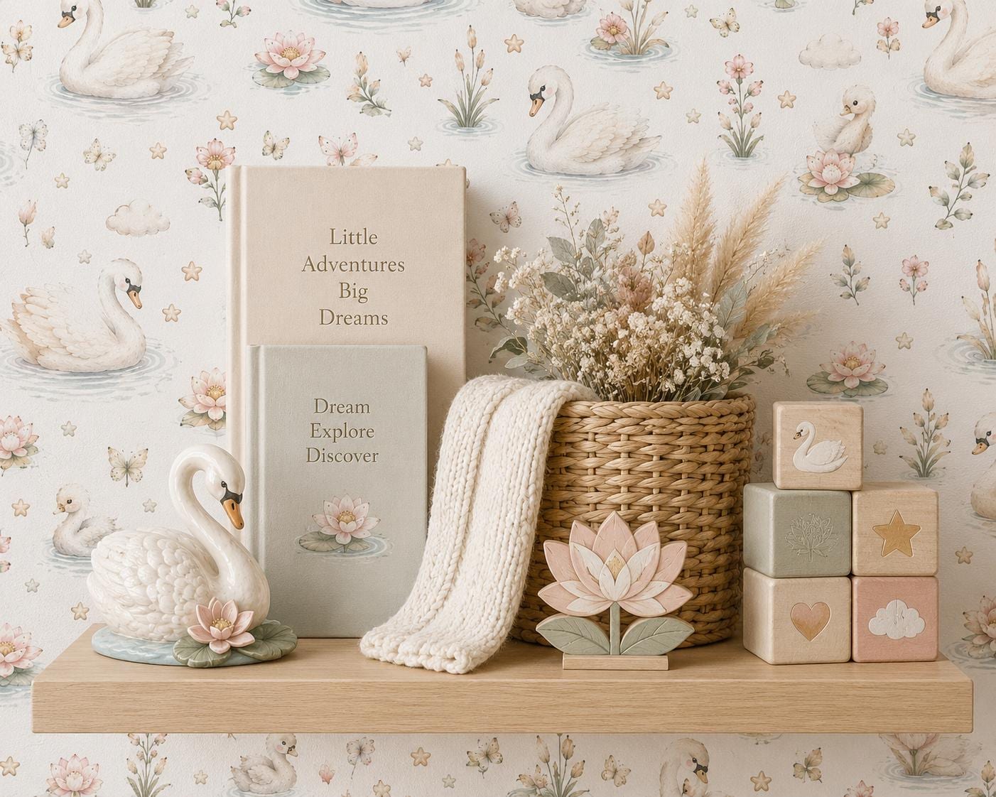 Swan Lake Wallpaper: Soft Floral Nursery Wall Mural