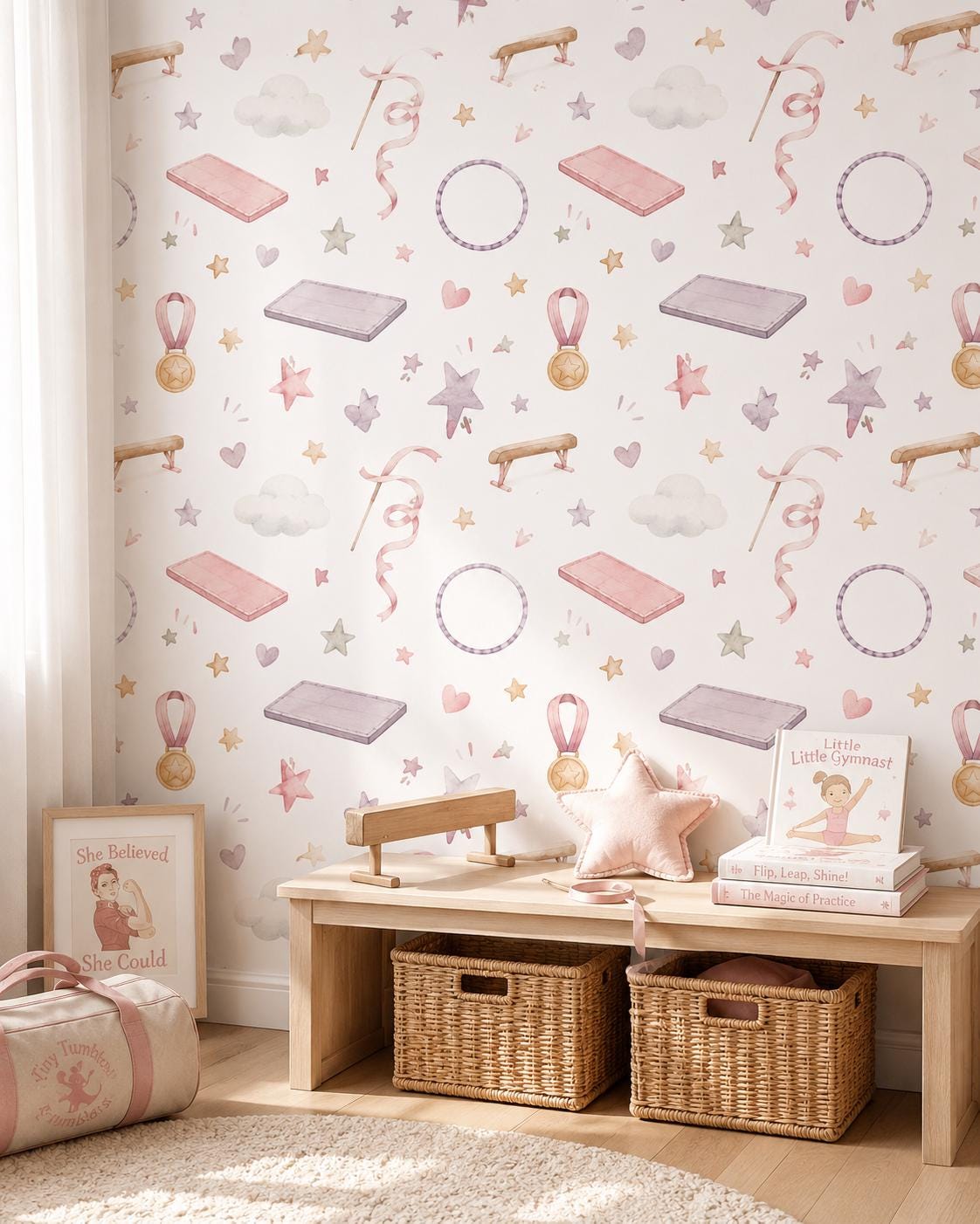 Gymnastics Ribbon Wallpaper: Soft Sports Nursery Mural
